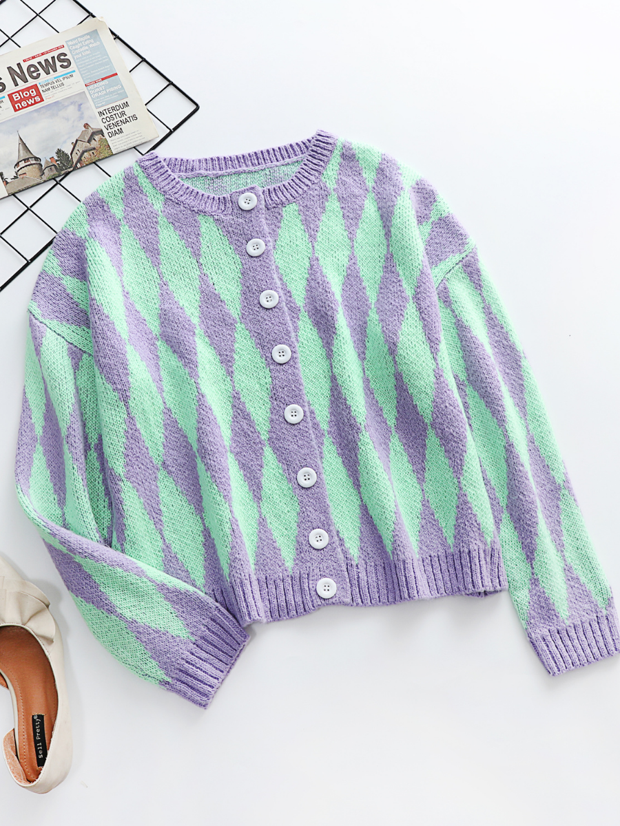 FELISE Chess Patterned Knit Cardigan - Purple