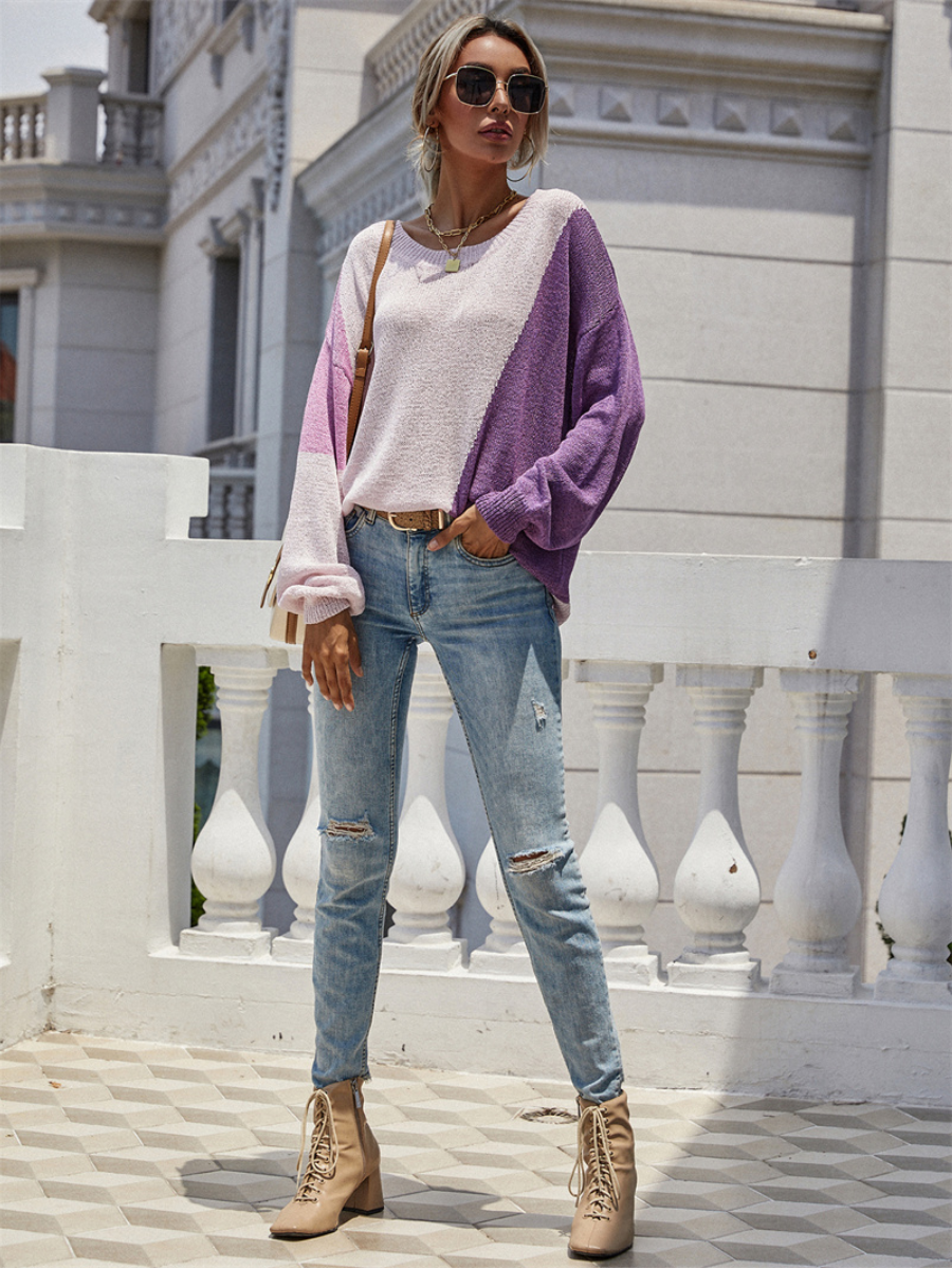 GRANIA Two Tone Color Block Knit Sweater - Purple