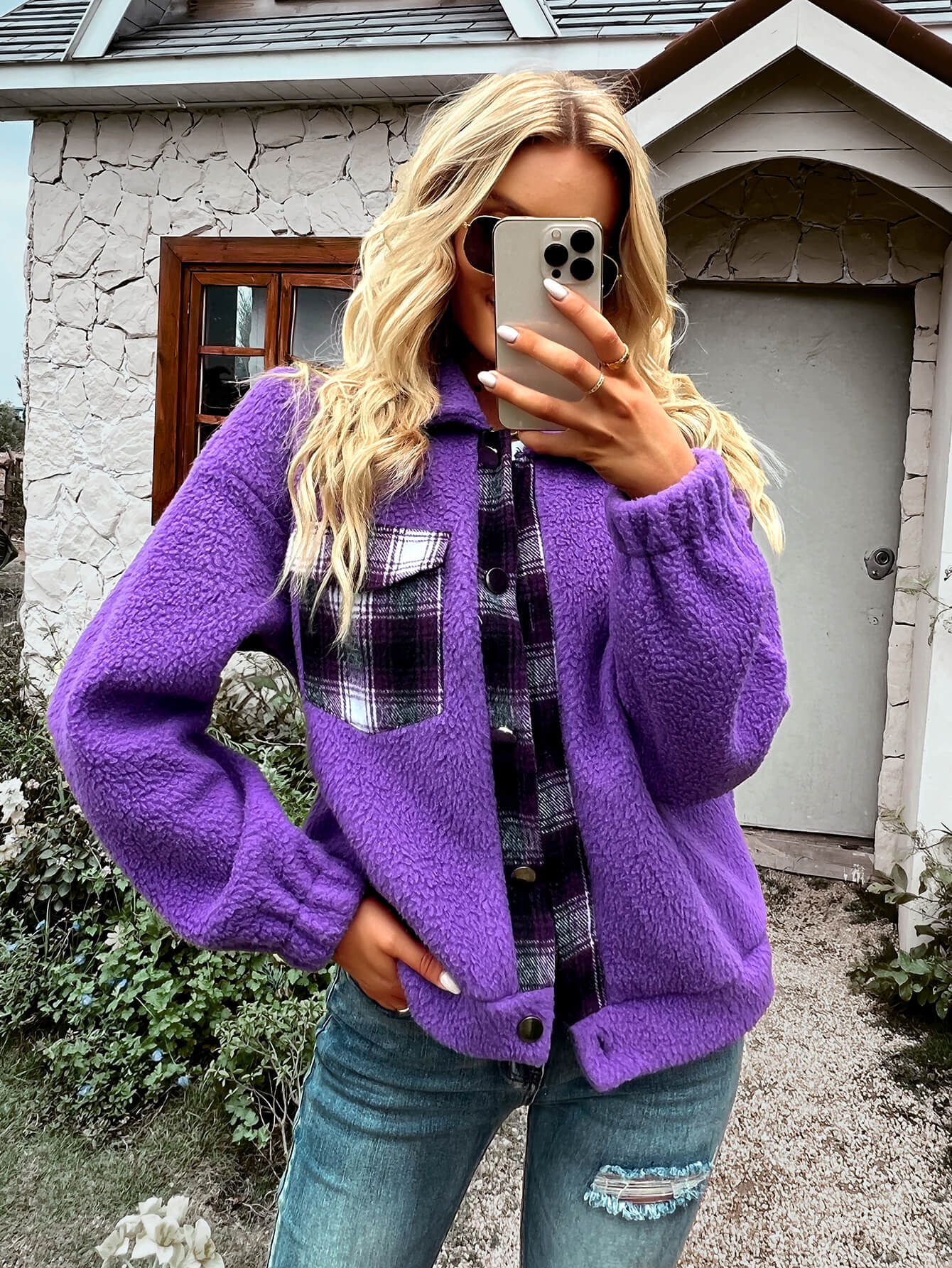 THAT FEELING POCKETED FUZZY JACKET - PURPLE