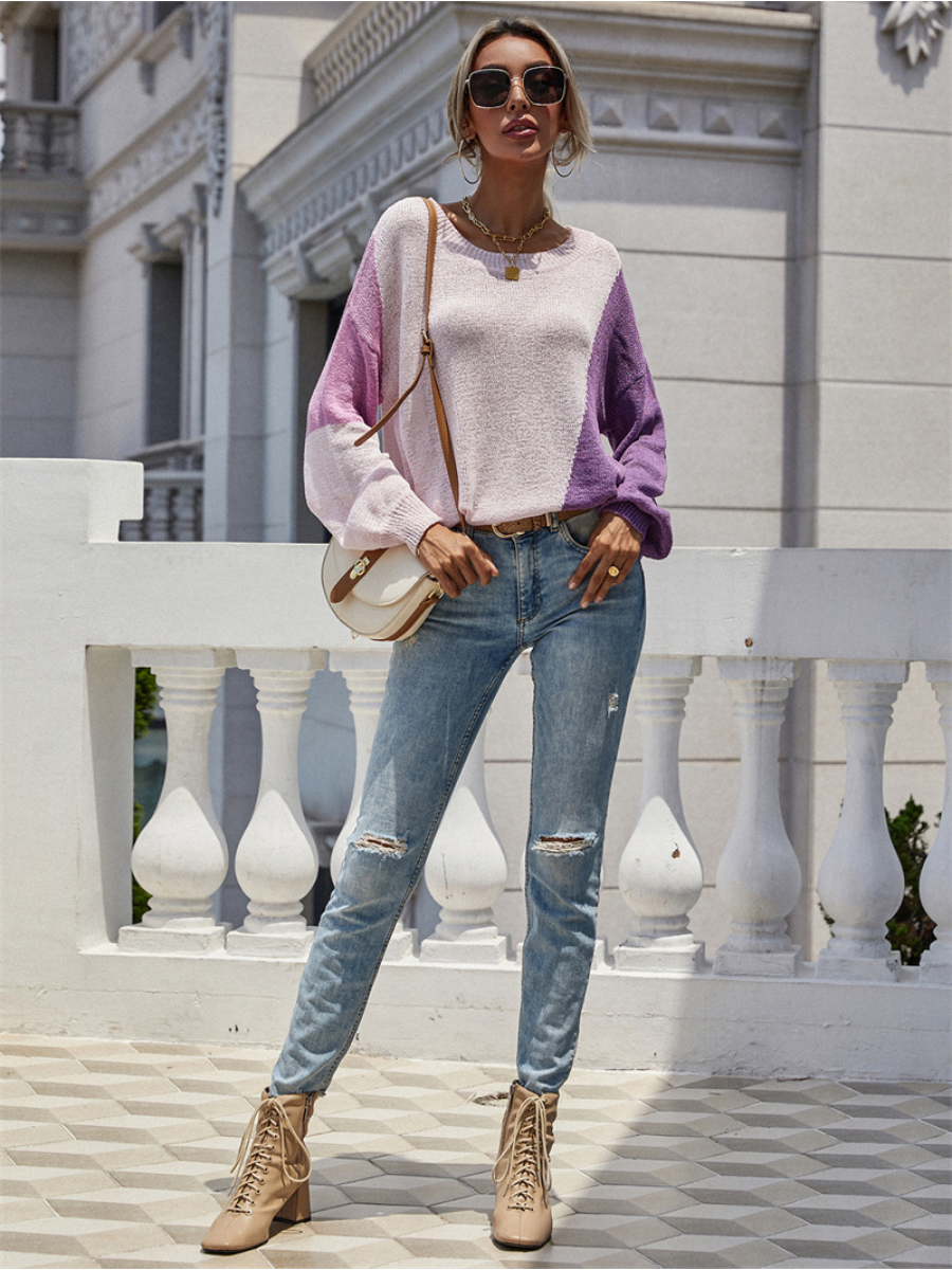 GRANIA Two Tone Color Block Knit Sweater - Purple