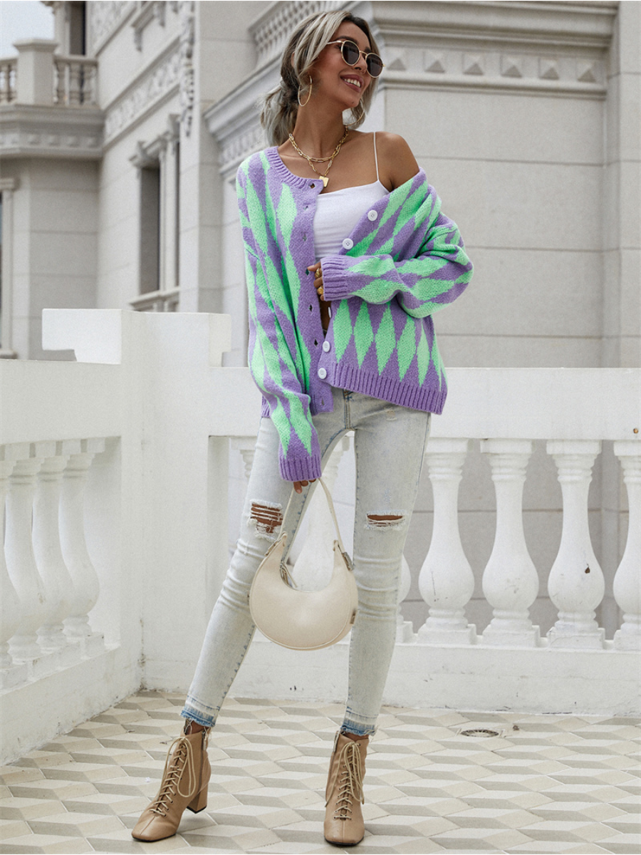 FELISE Chess Patterned Knit Cardigan - Purple