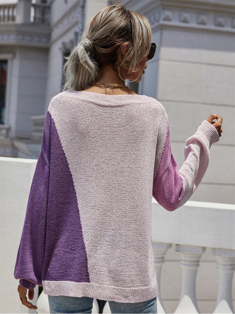 GRANIA Two Tone Color Block Knit Sweater - Purple