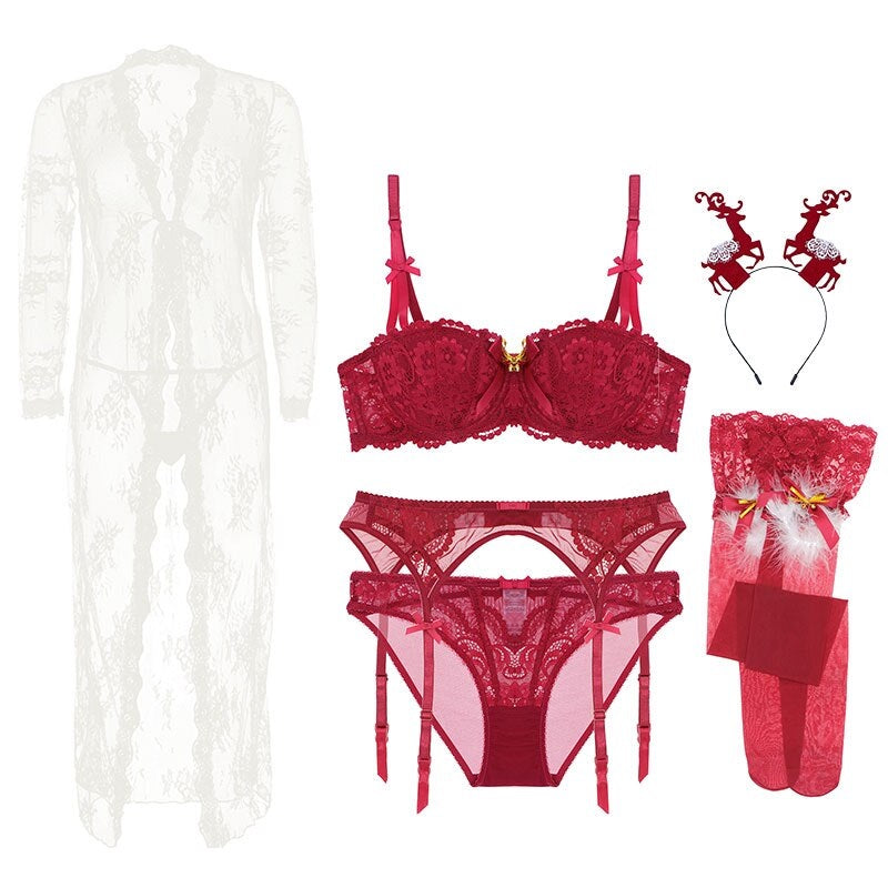 Push Up Bras Panties Garter Stocking Antlers Robe 6pcs Set