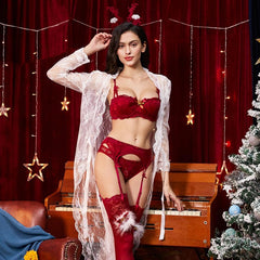 Push Up Bras Panties Garter Stocking Antlers Robe 6pcs Set