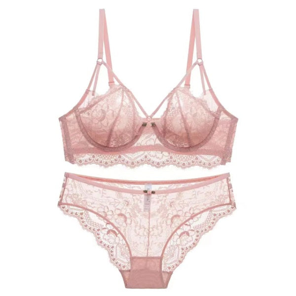 Push Up Brassiere Embroidery Lace Underwear Set Transparent Panties