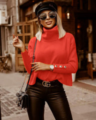 Coral Red Oversized Collar Turtleneck Knit Sweater