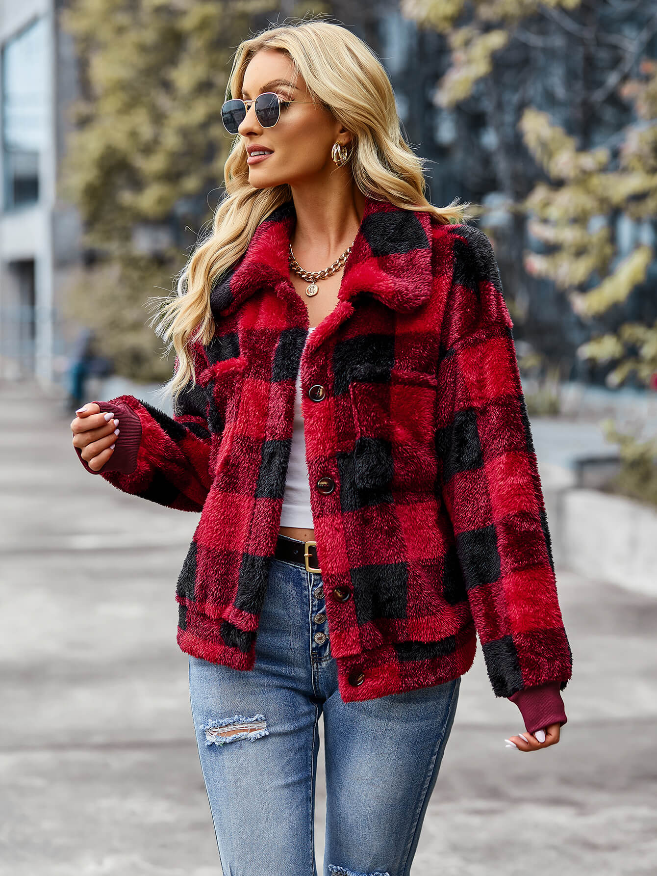 BUST POCKET PLAID FLEECE COAT - RED