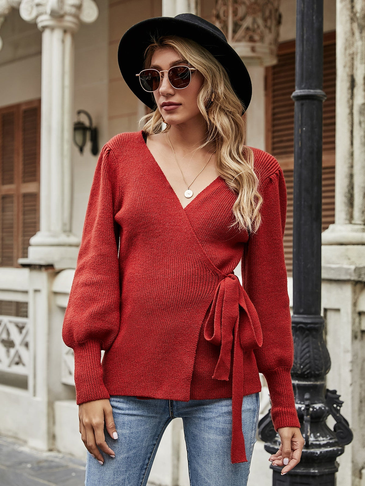 LEONORA Bishop Sleeve Knit Top - Red