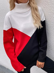 DULCIE Red Color Block Turtleneck Knit Sweater