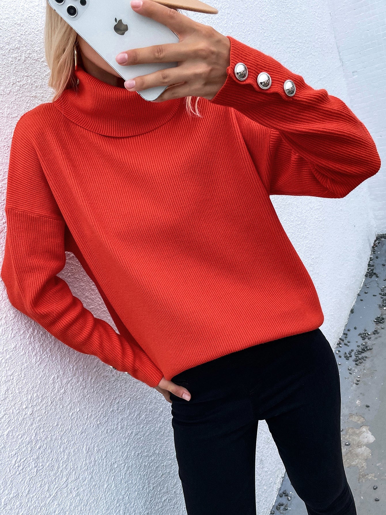 Coral Red Oversized Collar Turtleneck Knit Sweater