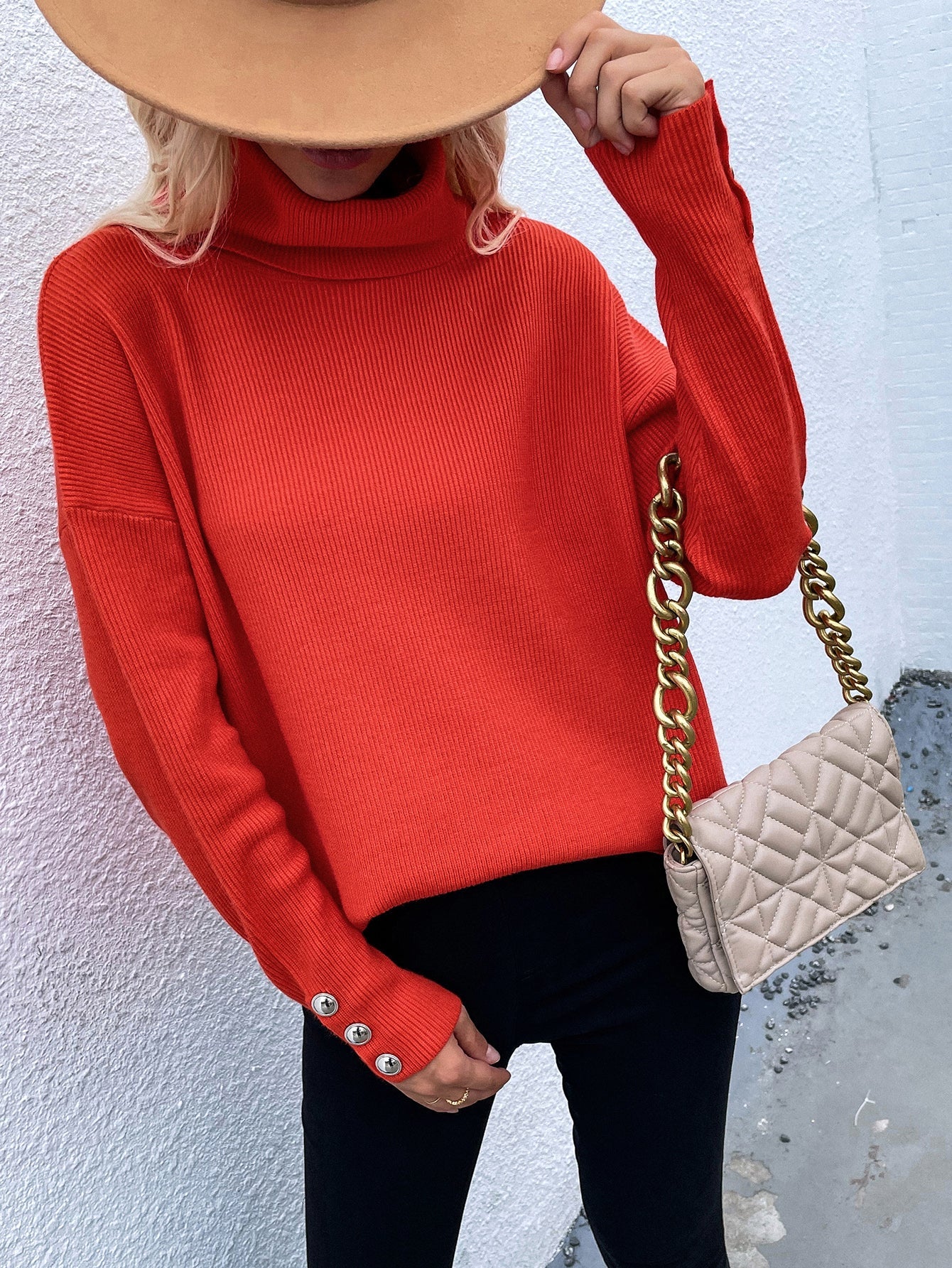 Coral Red Oversized Collar Turtleneck Knit Sweater