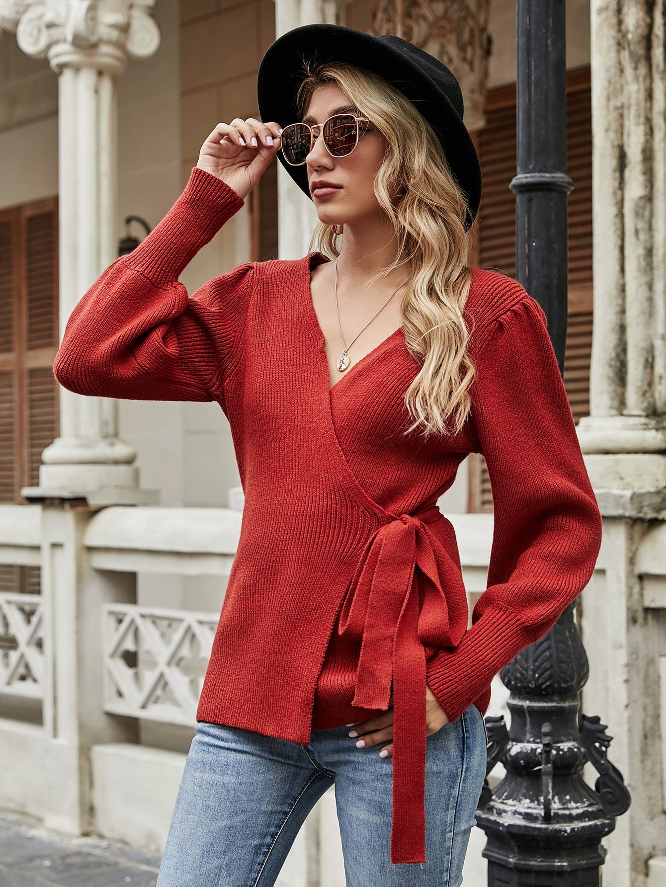 LEONORA Bishop Sleeve Knit Top - Red