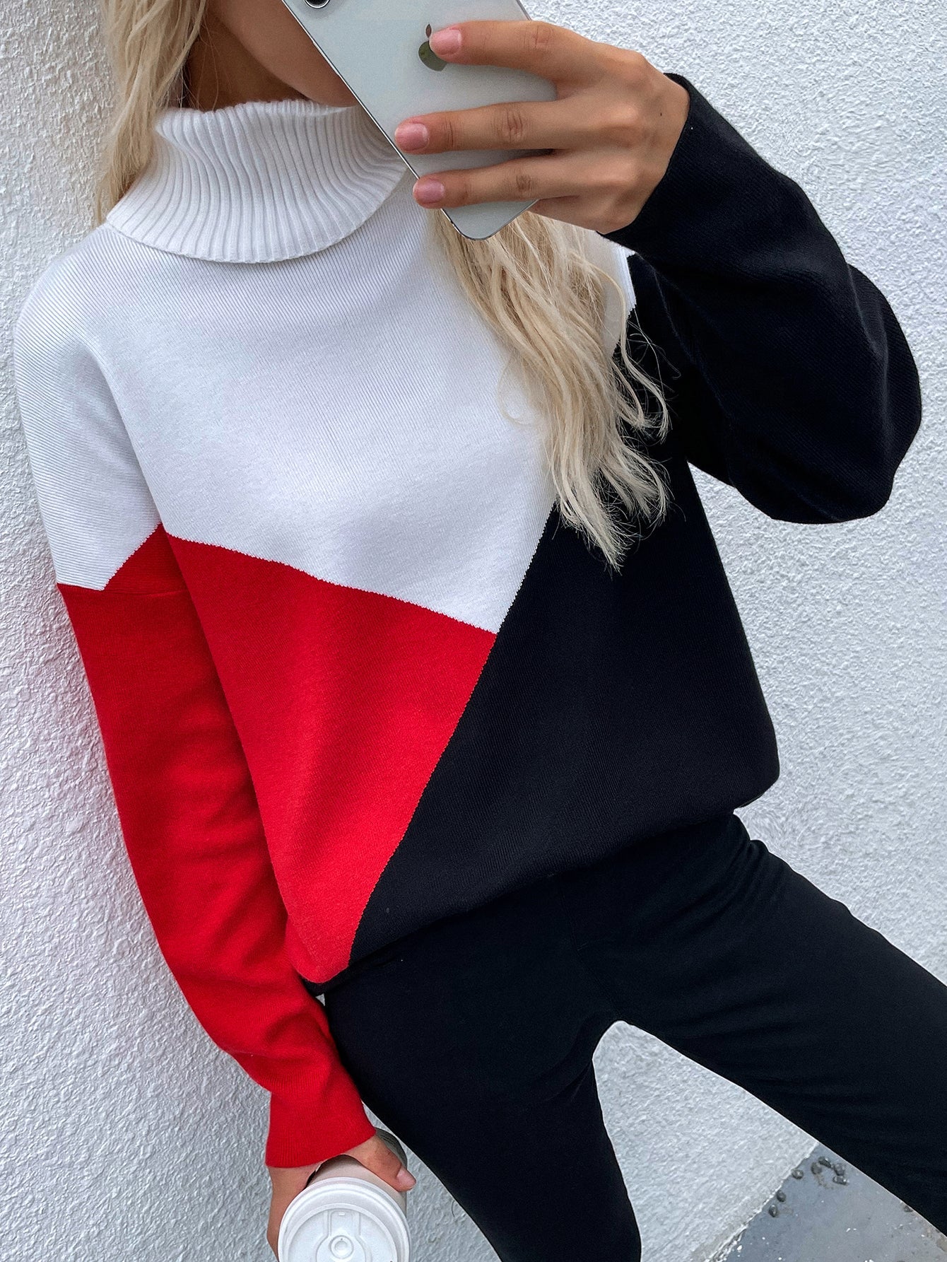 DULCIE Red Color Block Turtleneck Knit Sweater