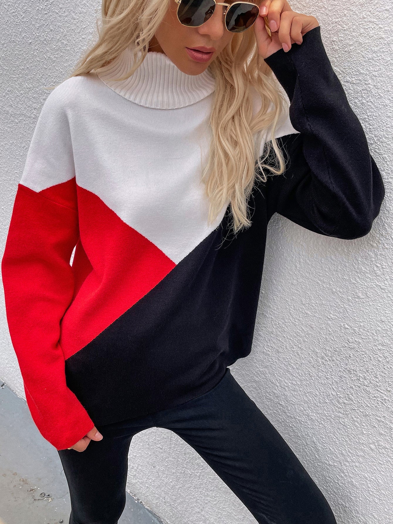DULCIE Red Color Block Turtleneck Knit Sweater