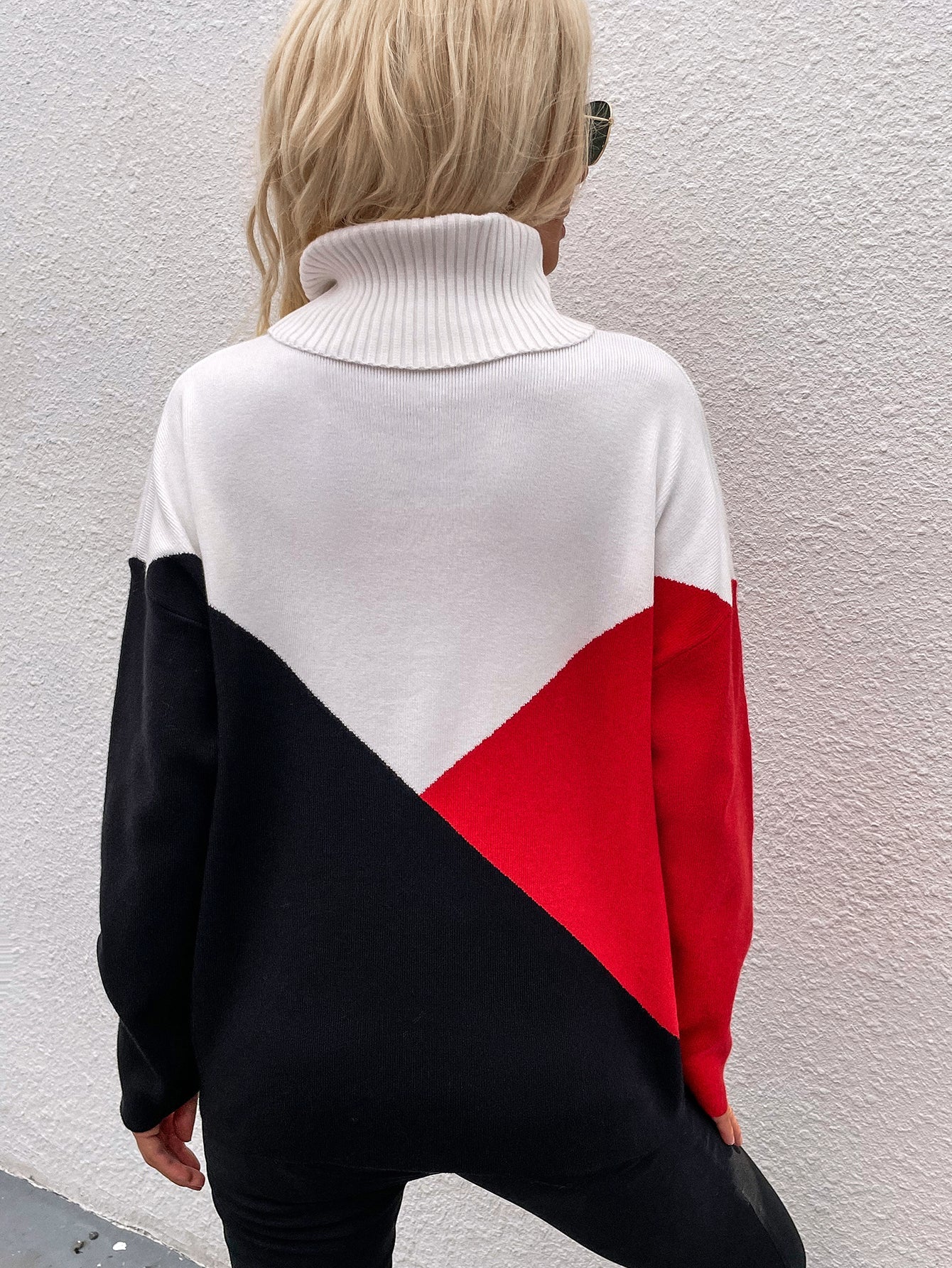 DULCIE Red Color Block Turtleneck Knit Sweater