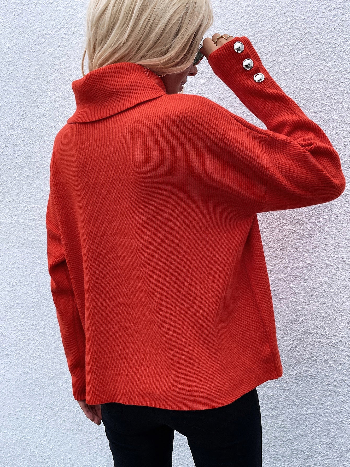 Coral Red Oversized Collar Turtleneck Knit Sweater