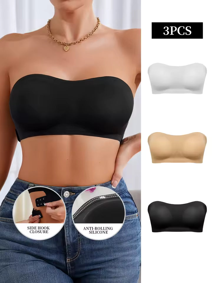 Removable Padded Soft Ice Silk Traceless Brasseries Bra 3Pcs Sets