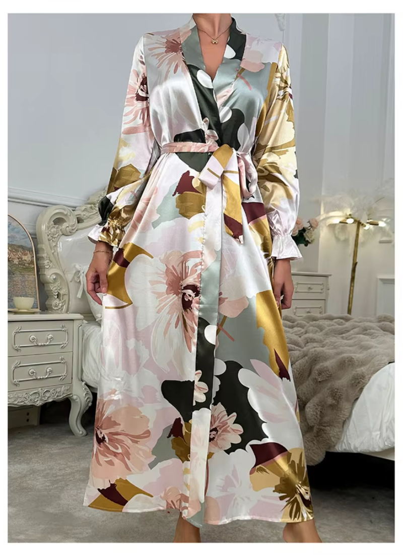 Robe Floral Sleepwear Long Sleeve Comfortable Imitation Silk Nightgowns