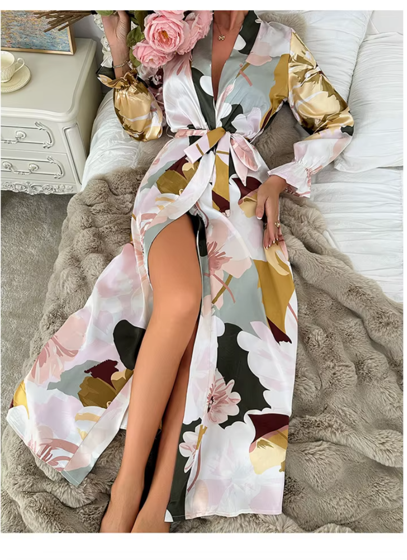 Robe Floral Sleepwear Long Sleeve Comfortable Imitation Silk Nightgowns