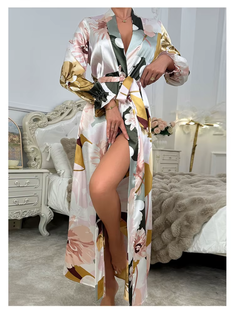 Robe Floral Sleepwear Long Sleeve Comfortable Imitation Silk Nightgowns