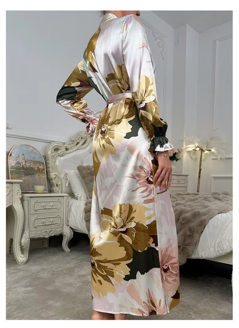 Robe Floral Sleepwear Long Sleeve Comfortable Imitation Silk Nightgowns