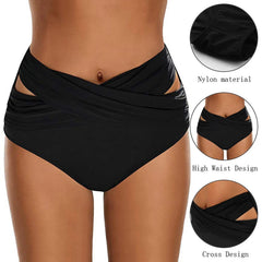Ruched Cross Strap Design Solid Color Beachwear High Waist Swimming Pants