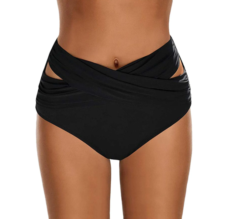Ruched Cross Strap Design Solid Color Beachwear High Waist Swimming Pants