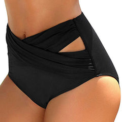 Ruched Cross Strap Design Solid Color Beachwear High Waist Swimming Pants