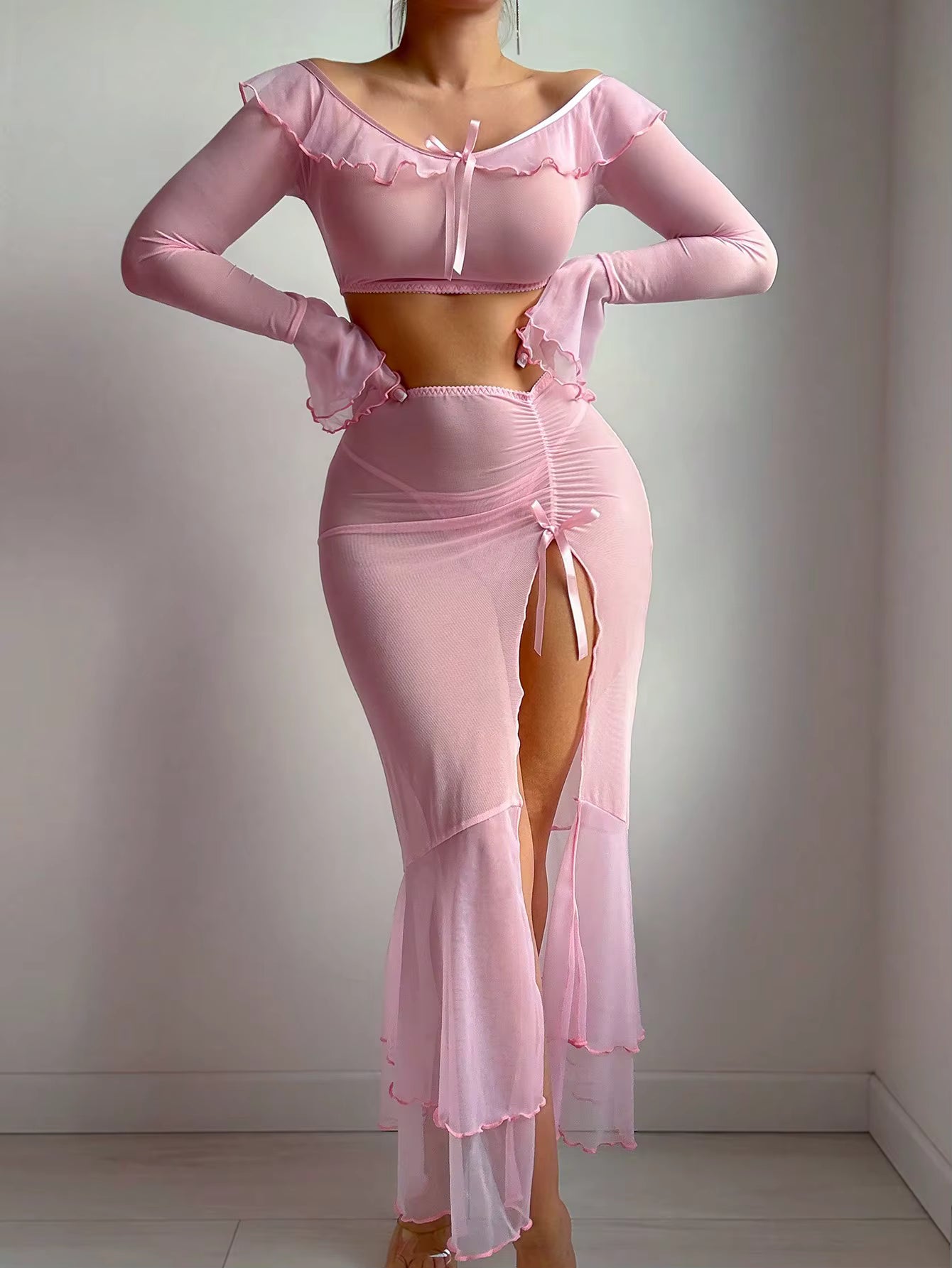 Ruffle Off Shoulder Fantasy Flare Long Sleeve Tulle Tops High Split Dress Lingerie Set