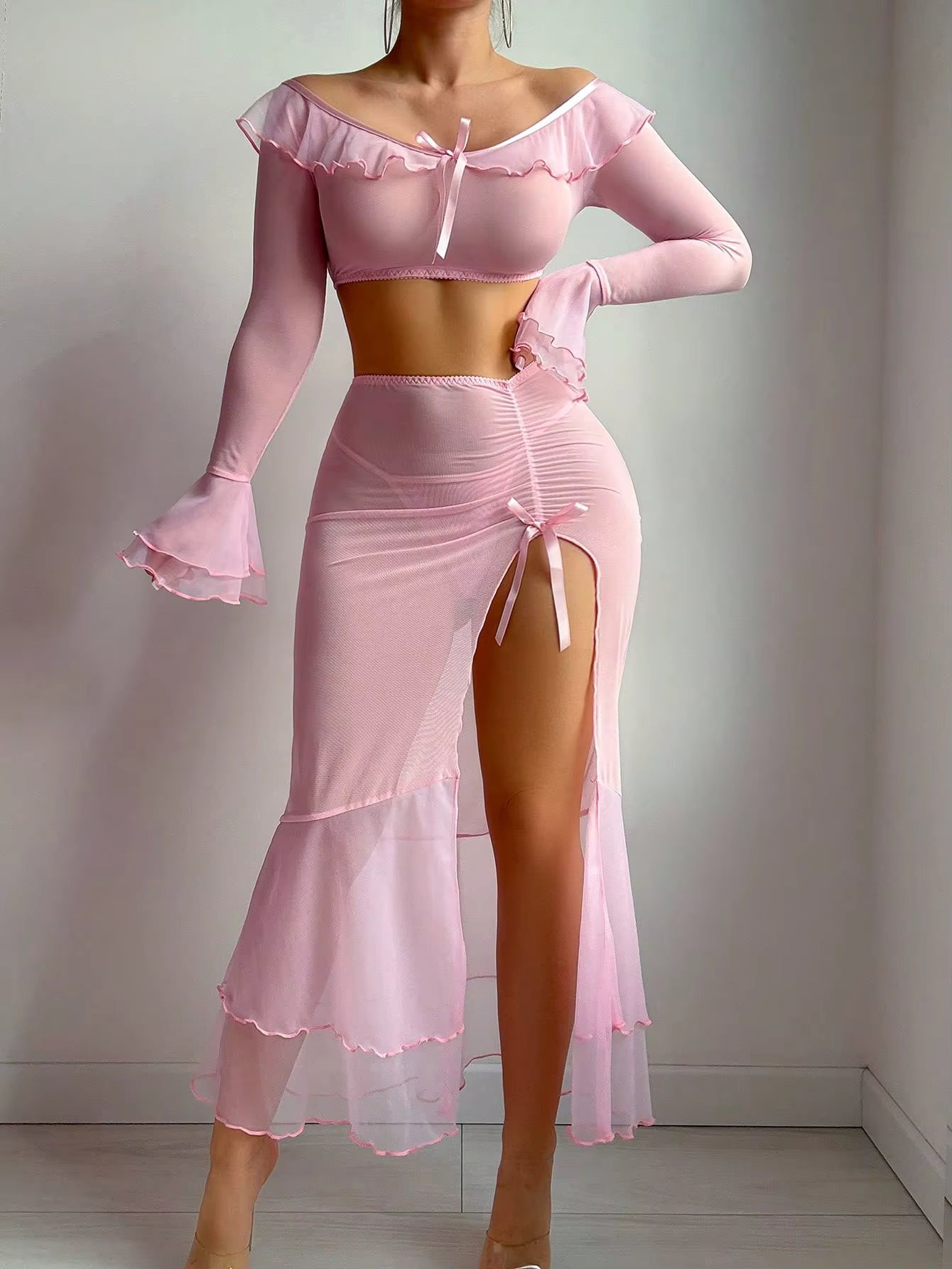 Ruffle Off Shoulder Fantasy Flare Long Sleeve Tulle Tops High Split Dress Lingerie Set