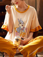 Ruffles Printed 2 Piece Jewel Neck Sleepwear