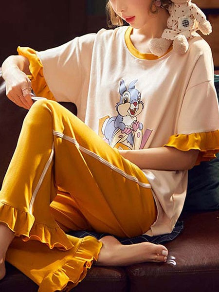 Ruffles Printed 2 Piece Jewel Neck Sleepwear