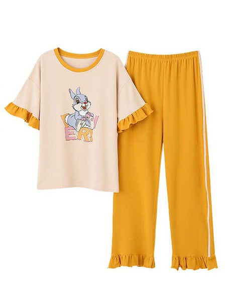Ruffles Printed 2 Piece Jewel Neck Sleepwear