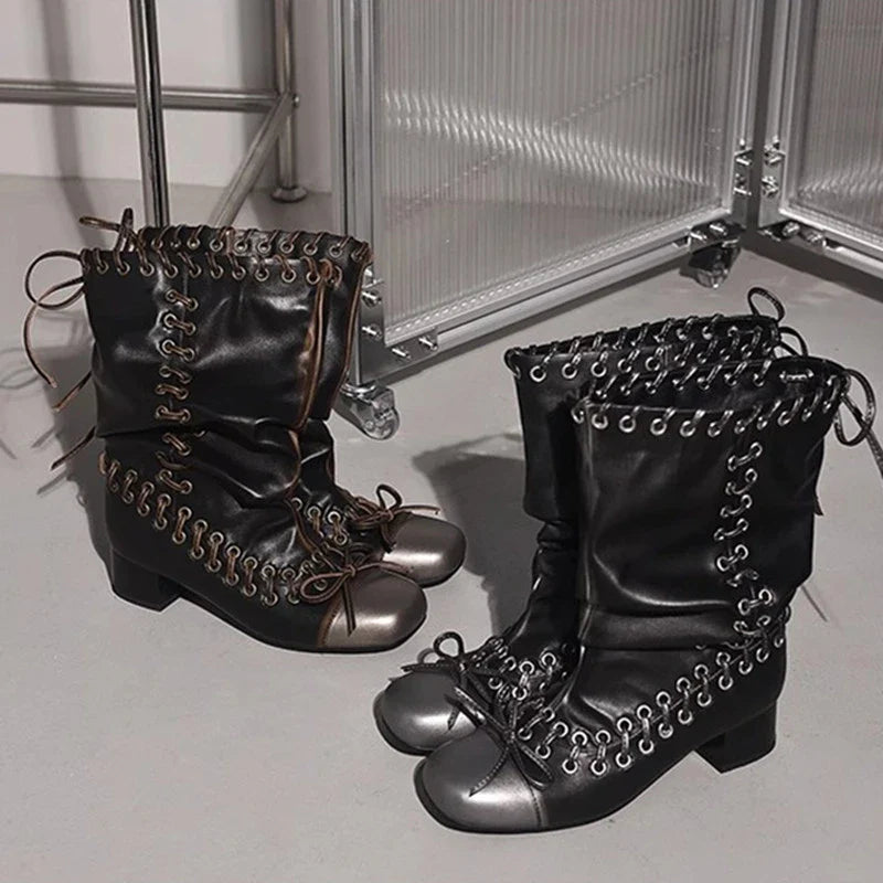 Vintage Pleated Mid-Calf Boots Cross-tied Square Toe Mid Heels Leather Novelty Concise Shoes
