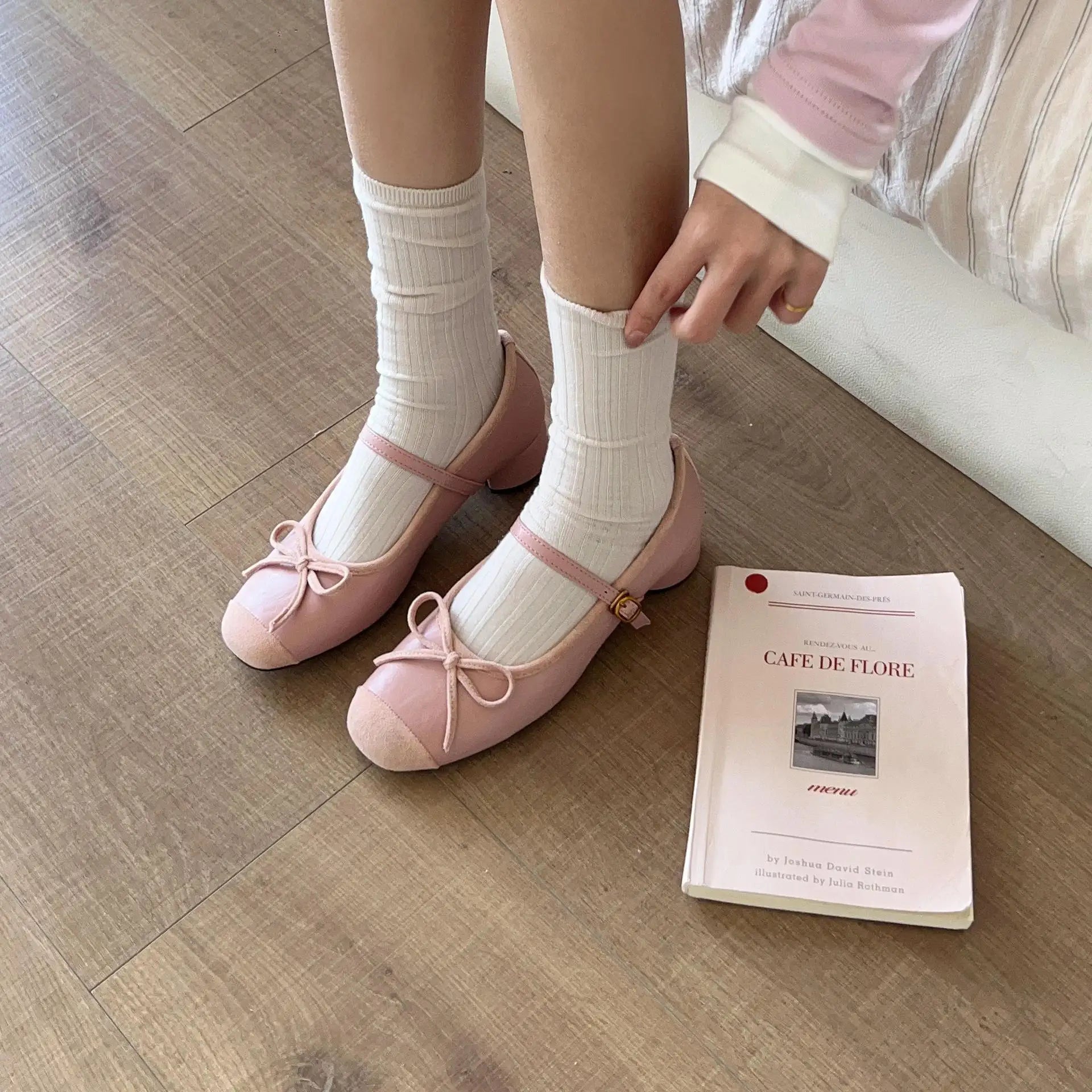 Chunky Low Heels Mary Janes Pink/Silver Patchwork High Heels Ballets Shoes Dance Bridesmade Wedding Ballerinas