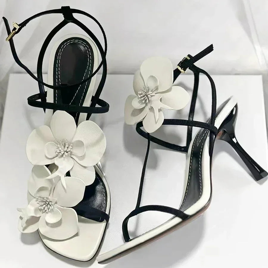 Flower Heels Sandals Open Toe Narrow Band Slingback Shoes Ankle Strap Elegant Party Wedding Shoe Zapatos De Mujer
