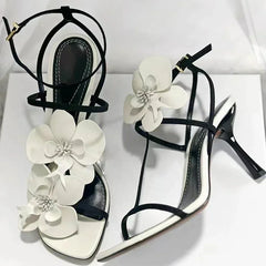 Flower Heels Sandals Open Toe Narrow Band Slingback Shoes Ankle Strap Elegant Party Wedding Shoe Zapatos De Mujer