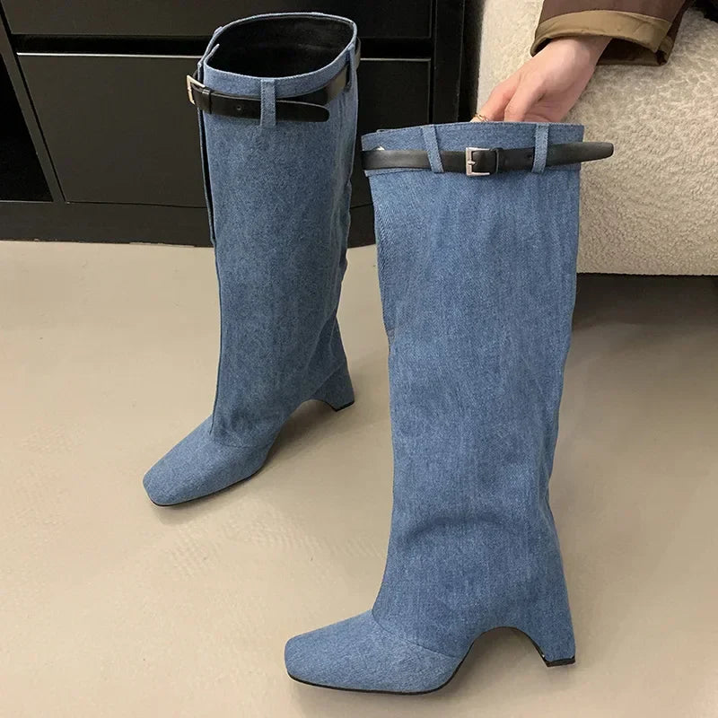 White Square Toe Belt Buckle Shaped Heel Knight Boots Woman Black Slip-On Thick Heel Knee-High Boots Shoes