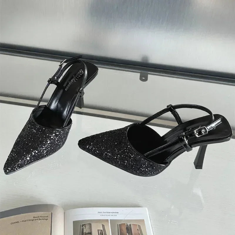 Bling Design Mules Sandals Pointed Toe Thin High Heels Back Strap Banquet Pums