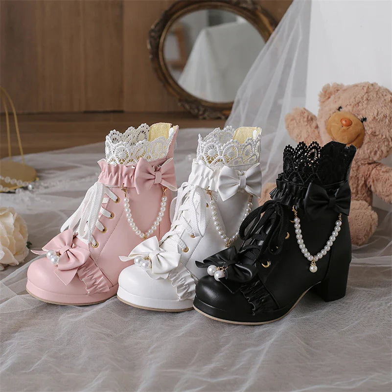 Lolita Ankle Short Boots Round Toe Kawaii Thick Mid Heels Zipper Bead Bow Lace-up Lady Cosplay Shoes