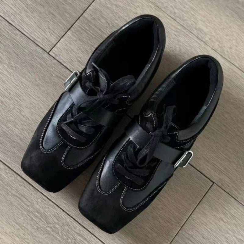 Retro Square Toe Ballet Sneaker Leather Patchwork Sports Shoes Casual Lace Up Belt Buckle Design Mary Jane Shoes