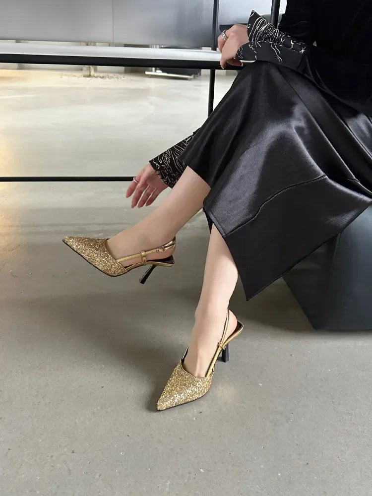 Bling Design Mules Sandals Pointed Toe Thin High Heels Back Strap Banquet Pums
