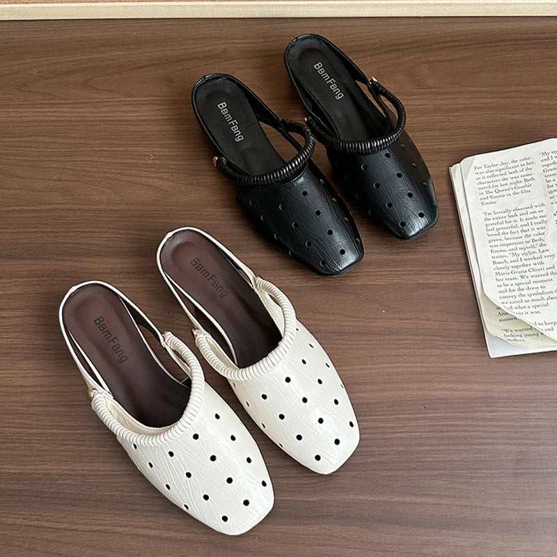Hollow Sandals Heels Slippers Beach Mules Shoes Trend Chunky Leather Shoes Casual Flip Flops Mujer Slides