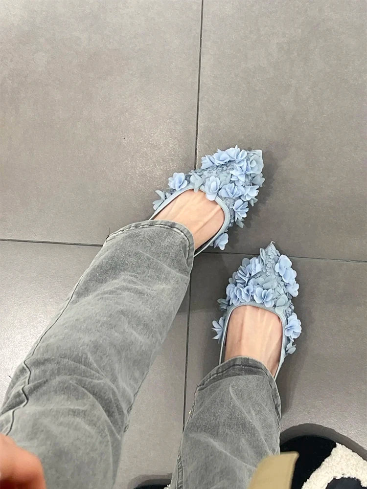 Flowers Decor Pointed Toe Flat With Shoes Sandals Elegant Back Strap Pink Solid ShoesHot Sale