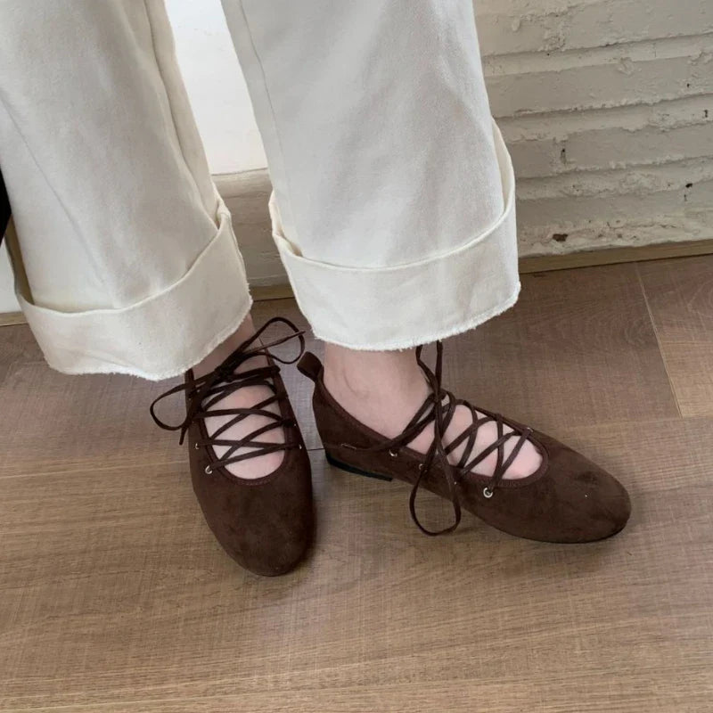 Cross Tied Round Toe Flat Shoes Retro Comfort Shallow Ballet Style Elegant Mary Jane Shoes