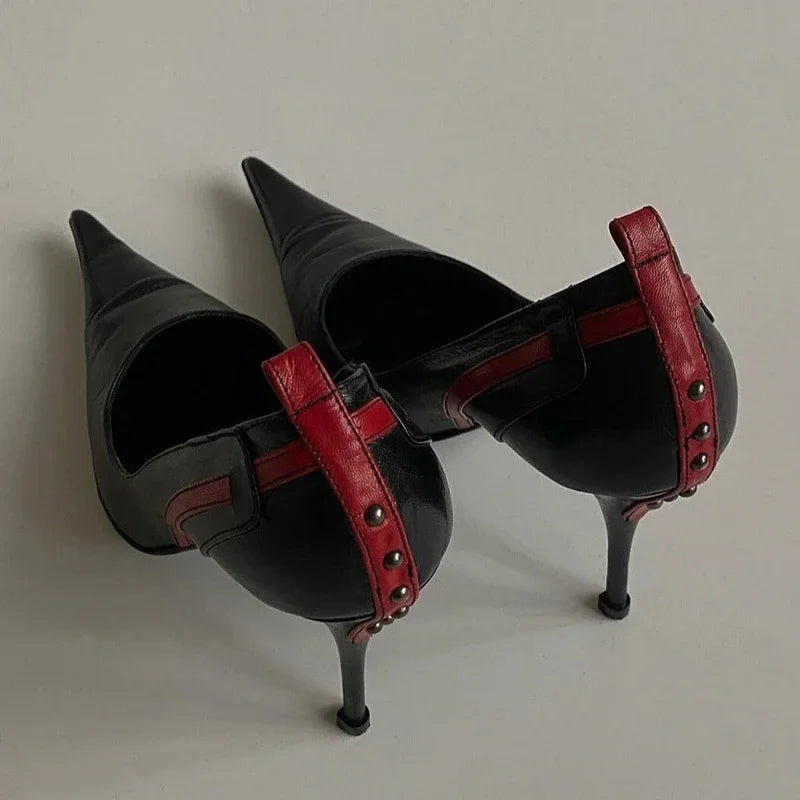 Pointed Toe Stiletto Rivet Decoration Shoes Black and Red Rome Shoes Slip-on Hand-made