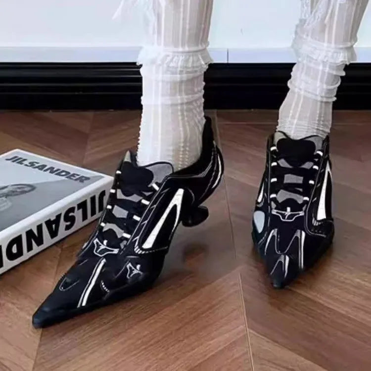 Low Heels Pointed Toe Shoes Lace Up Sports Style High Heels Colorblock Versatile Breathable Mesh Strappy Pumps