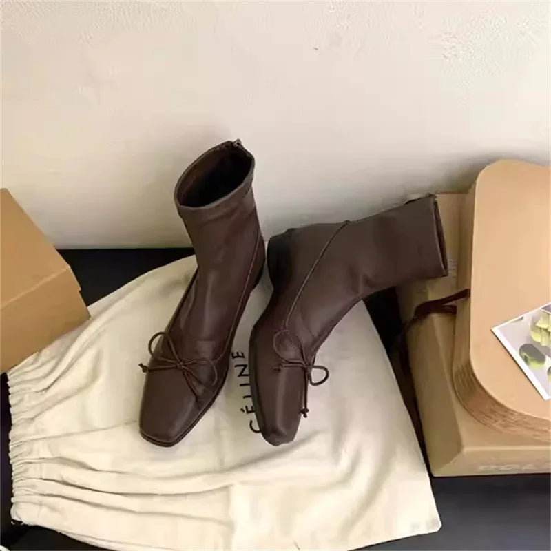 Brown Bow Back Zipper Ankle Boots Point Flat Head Square Heel Shoes Chic Sewing Thread Boot
