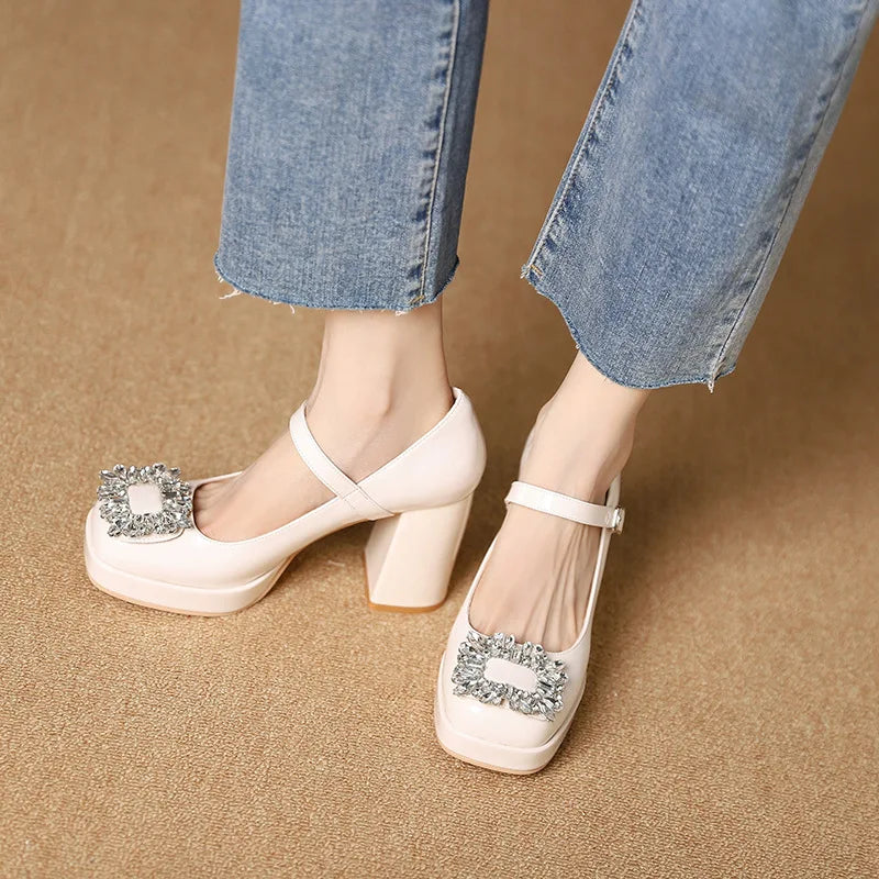 Shoes With Straps Sandals Brief Pumps Casual Heels Square Toe Buckle African Sweet Comfortable Crystal Brand