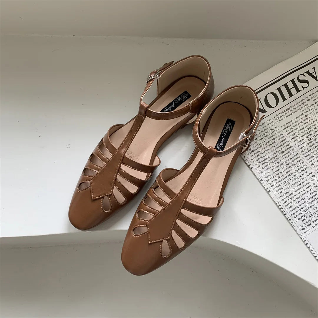 T-strap Rome Flat Sandals Hollow Out Vintage Mary Janes Shoes Pu Leather Holiday Elegant Gladiator Sandals